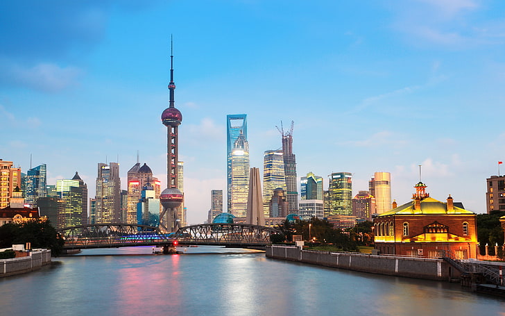 Oriental Pearl Tower, city, Shanghai, cityscape, river, Asia, HD wallpaper