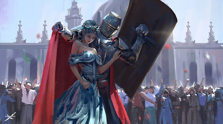 blue haired woman beside person wearing knight armor, knight armor and woman digital wallpaper