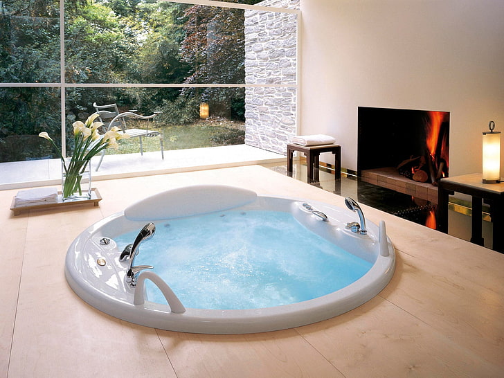 white bathtub, jacuzzi, bathroom, furniture, style, luxury, wealth, HD wallpaper
