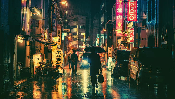 neon lights, umbrella, photography, Japan, night, Masashi Wakui, HD wallpaper