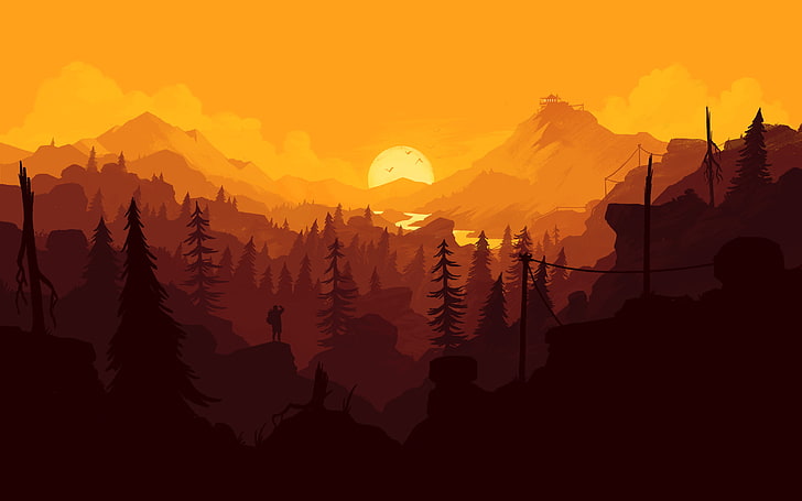 Firewatch Sunset Yellow, forest and mountain painting, Games