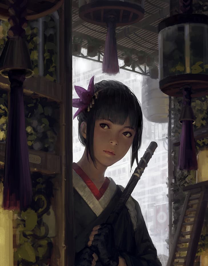 women, black hair, bangs, looking away, portrait display, kimono