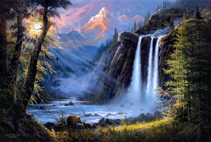forest, landscape, mountains, river, waterfall, bears, art