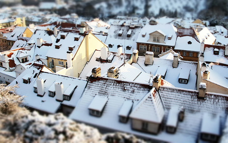tilt shift, snow, house, rooftops, cityscape