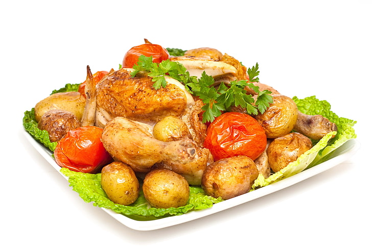 roasted chicken with potatoes, vegetables, tomatoes, cabbage, HD wallpaper