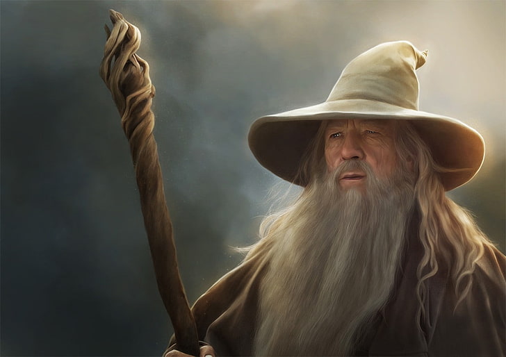 The Lord of the Rings, Gandalf, staff, wizard, artwork, hat, HD wallpaper
