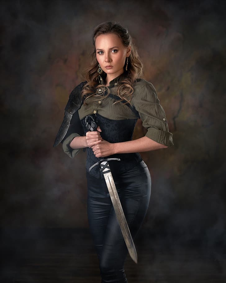 Max Pyzhik, women, Katya Khalpert, brunette, sword, weapon, HD wallpaper