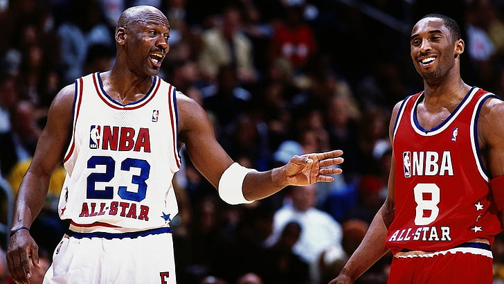 Kobe Bryant and Michael Jordan, basketball, smiling, sports, All Star