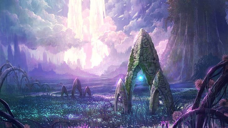 green plants and white clouds fantasy illustration, Aion Online