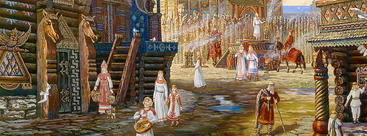 Russian Drawing, painting of group of people walking on street in between of buildings
