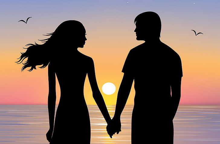 silhouette of woman and man near ocean wallpaper, the sky, look, HD wallpaper