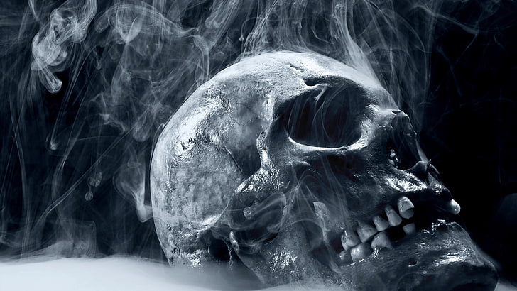 white human skull illustration, artwork, digital art, smoke, spooky