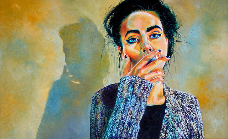 women, artwork, smoking, one person, young adult, portrait