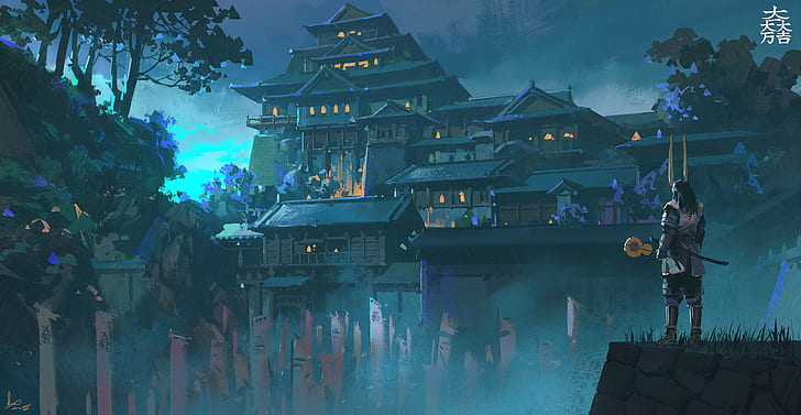 samurai, Ling Xiang, digital, castle, artwork, men, Japan, HD wallpaper