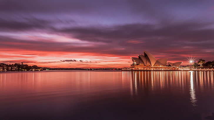 Sydney Opera House, Sydney, city, australia, sunset, night, reflection, HD wallpaper