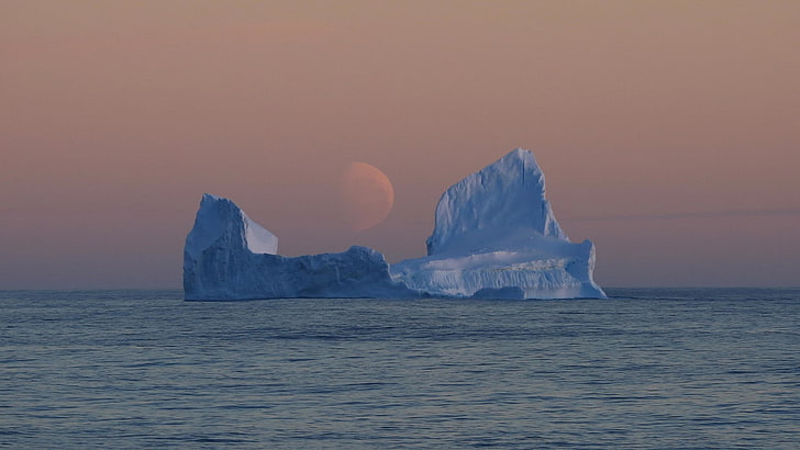 iceberg, sea, Moon, dusk, global warming, water, waterfront