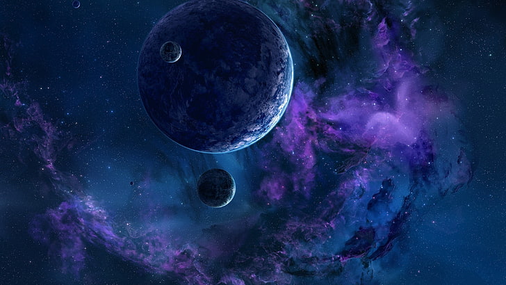 two gray and one blue planets digital wallpaper, space, stars