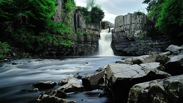 gray and black waterfalls, nature, landscape, river, long exposure, HD wallpaper