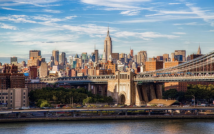 Brooklyn Bridge, Manhattan, New York City, buildings, HD wallpaper