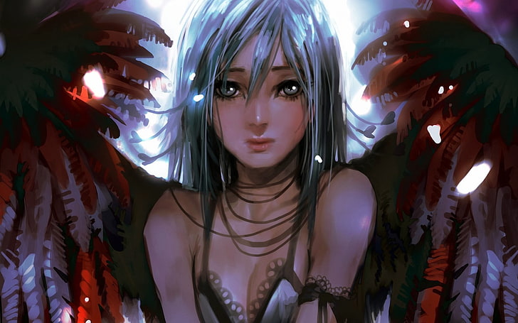 angel woman illustration, anime, wings, portrait, young women