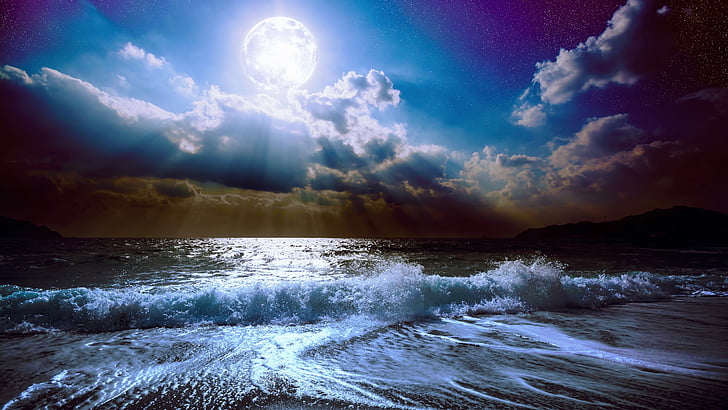 nature, sky, sea, wave, water, moonlight, ocean, horizon, wind wave