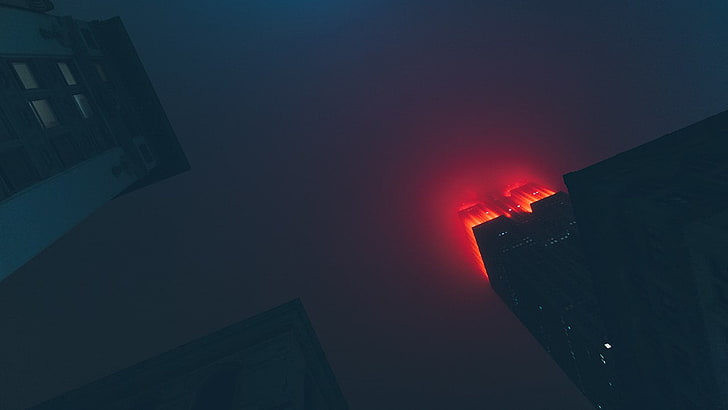 red lights, mist, night, skyscraper, New York City, building exterior