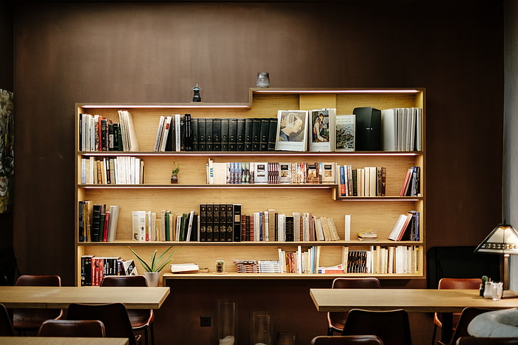 brown wooden 3-layer shelf, library, house, desk, books, chair, HD wallpaper