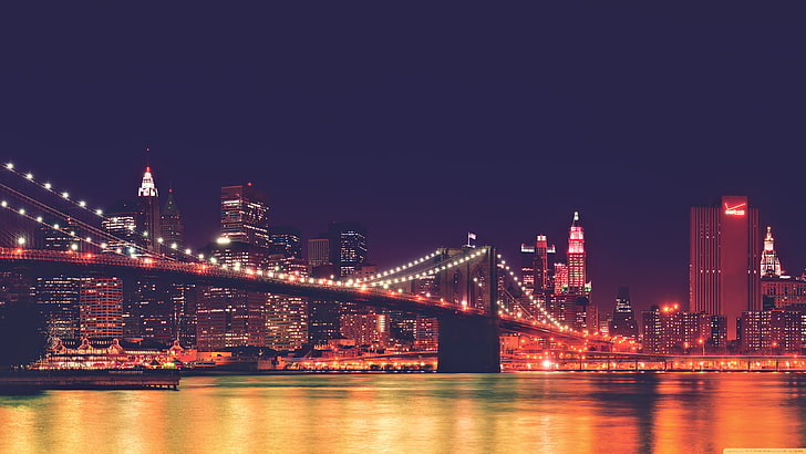 black bridge, New York City, cityscape, USA, night, Brooklyn Bridge