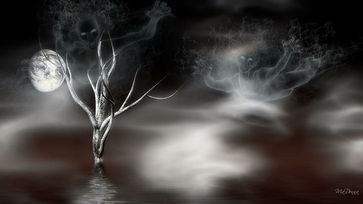 Haunting Waters, firefox persona, spirit, full moon, dead tree, HD wallpaper