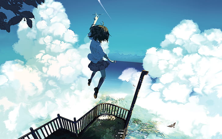 clouds, sky, heights, anime girls, sea, airplane, original characters