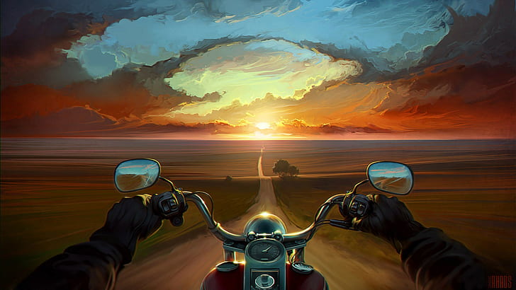 sunset, artwork, vehicle, landscape, mirror, motorcyclist, point of view