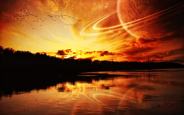 planet illustration, sunset, planetary rings, digital art, water