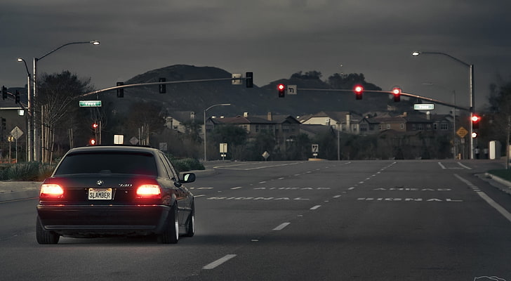 black BMW 3 series, road, tuning, drives, Boomer, seven, e38, HD wallpaper
