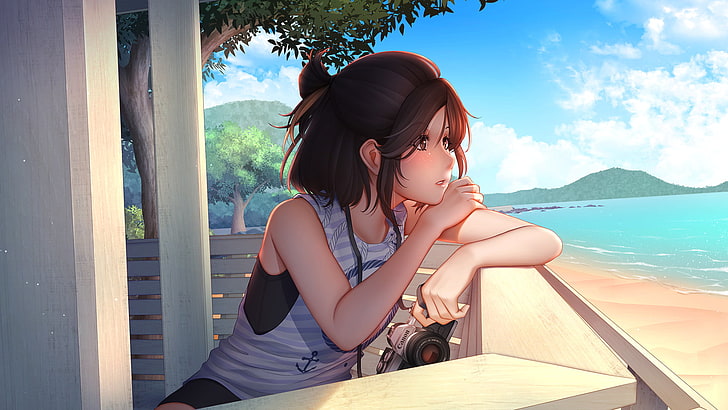 HD wallpaper: brown hair woman illustration, anime, anime girls, beach,  summer | Wallpaper Flare