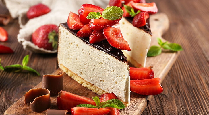 strawberries, Cheesecake, fruit, sweets, food, mint leaves, HD wallpaper