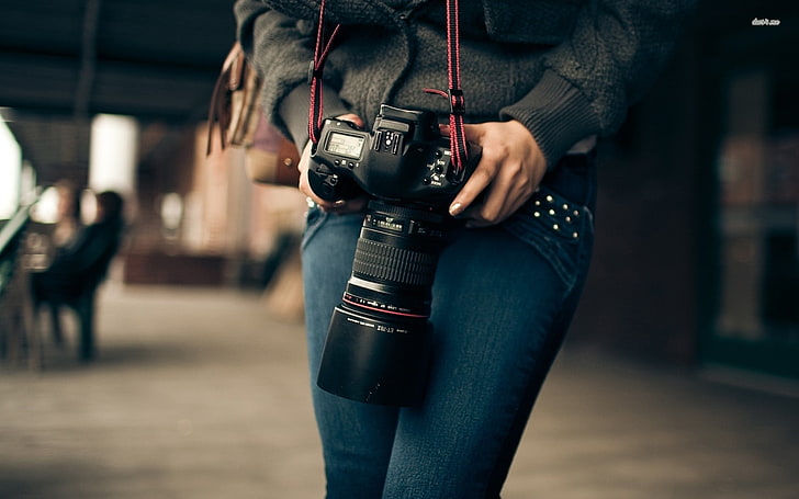 black DSLR camera, Canon, jeans, depth of field, women, photography themes