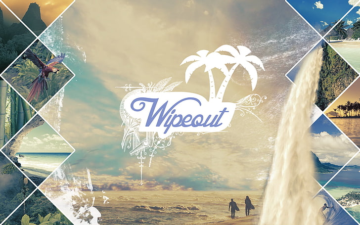 wipeout text wallpaper, Wipeout Ads, summer, waterfall, palm trees