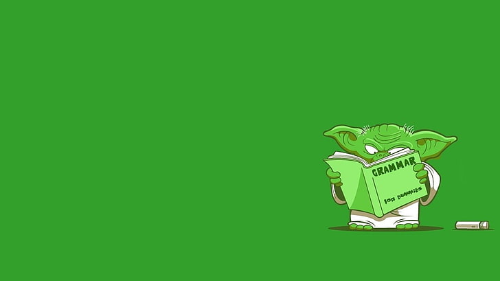 Yoda reading grammar book illustration, Star Wars, simple background