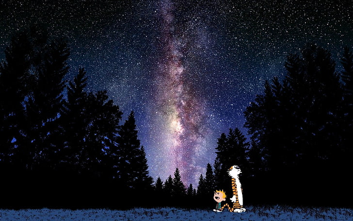 calvin and hobbes, tree, star - space, night, astronomy, galaxy, HD wallpaper