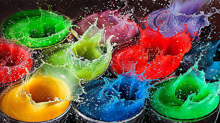 colors, splash, droplets, colorful, drops, squirt, liquid, multicolor, HD wallpaper