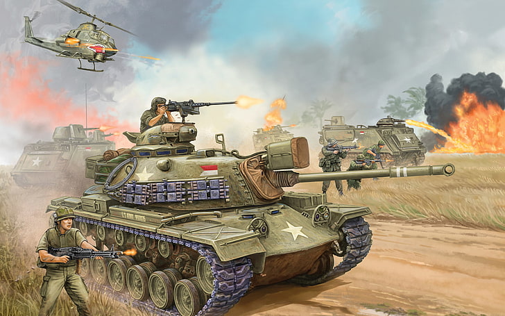 gray army tanks and soldiers illustration, war, gun, art, USA, HD wallpaper
