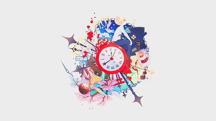 red wall clock painting, anime, clocks, time, white background