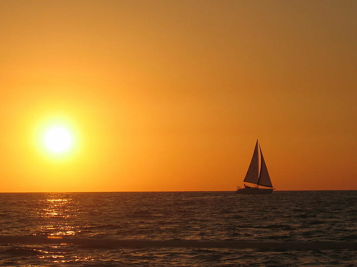 silhouette of sailing boat during golden hour, sunset, sailboat, HD wallpaper
