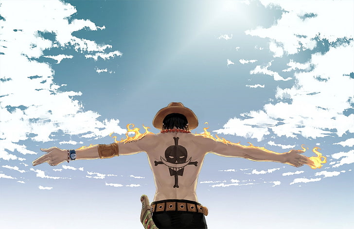 one piece, portgas d. ace, flame, back view, clouds, strawhat