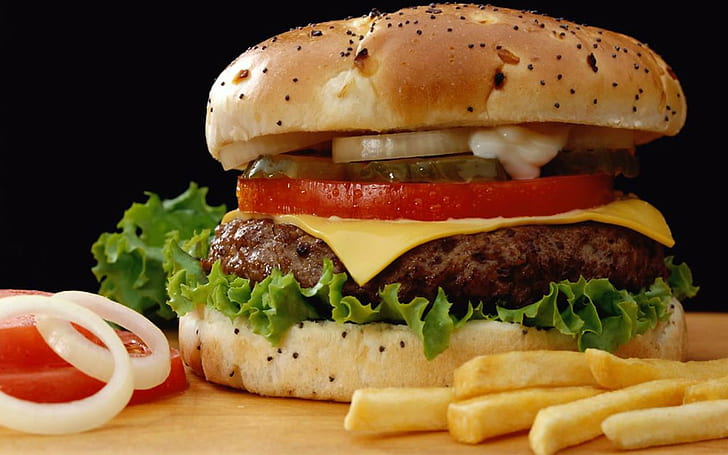 food, hamburgers, Fries, Onions, meat, tomatoes, HD wallpaper