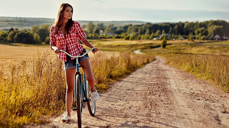 woman riding bike on road during daytime, women, model, bicycle, HD wallpaper