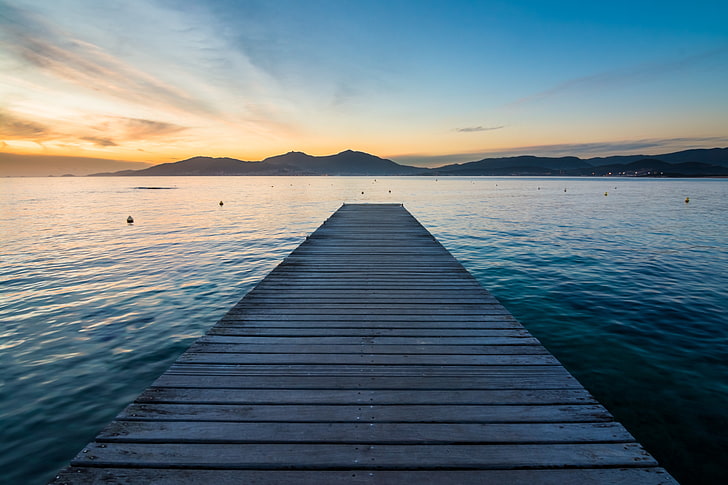 gray wooden dock, sunset, sea, Corsica, pier, mountains, water, HD wallpaper