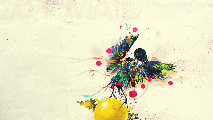 bird holding yellow ball painting, graphic design, multi colored
