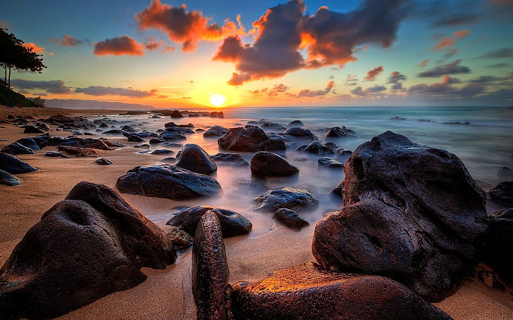 Coast, sea, ocean, stones, sunrise, clouds, horizon, HD wallpaper