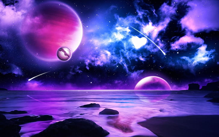 Purple planet meteors in space